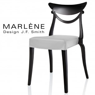 Chaise design MARLÈNE structure plastique opaque brillant couleur noir, assise habillage cuir synthétique argent.