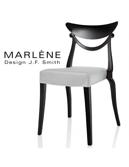 Chaise design MARLÈNE structure plastique opaque brillant couleur noir, assise habillage cuir synthétique argent.