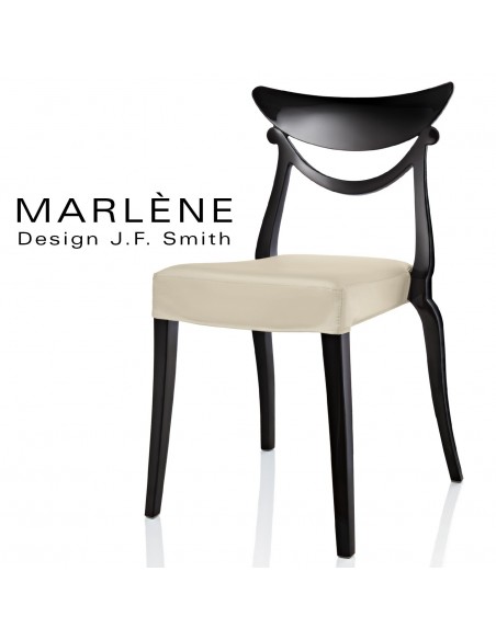 Chaise design MARLÈNE structure plastique opaque brillant couleur noir, assise habillage cuir synthétique crème.