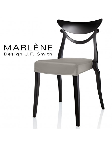 Chaise design MARLÈNE structure plastique opaque brillant couleur noir, assise habillage cuir synthétique gris clair.