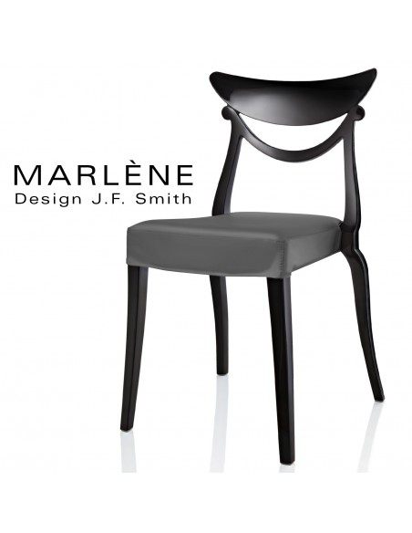 Chaise design MARLÈNE structure plastique opaque brillant couleur noir, assise habillage cuir synthétique gris foncé.