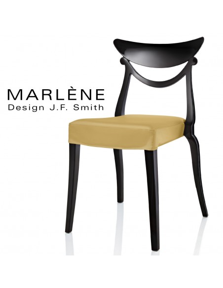 Chaise design MARLÈNE structure plastique opaque brillant couleur noir, assise habillage cuir synthétique jaune.