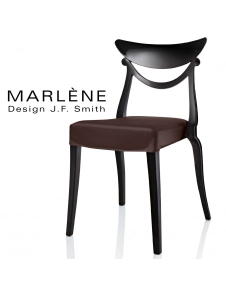 Chaise design MARLÈNE structure plastique opaque brillant couleur noir, assise habillage cuir synthétique marron.