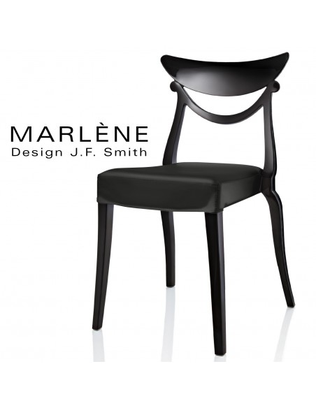 Chaise design MARLÈNE structure plastique opaque brillant couleur noir, assise habillage cuir synthétique noir.