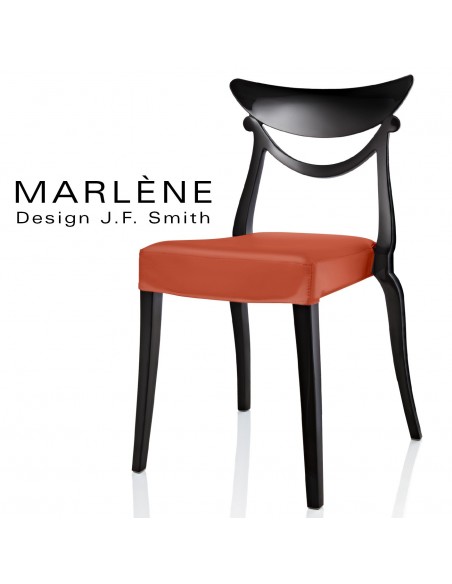 Chaise design MARLÈNE structure plastique opaque brillant couleur noir, assise habillage cuir synthétique orange.