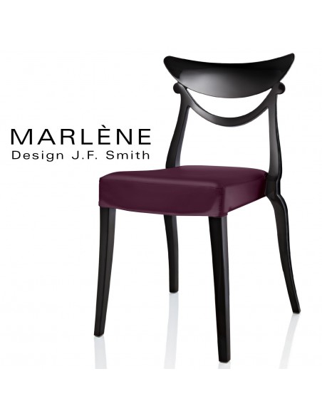 Chaise design MARLÈNE structure plastique opaque brillant couleur noir, assise habillage cuir synthétique prune.