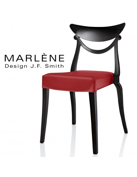 Chaise design MARLÈNE structure plastique opaque brillant couleur noir, assise habillage cuir synthétique rouge.