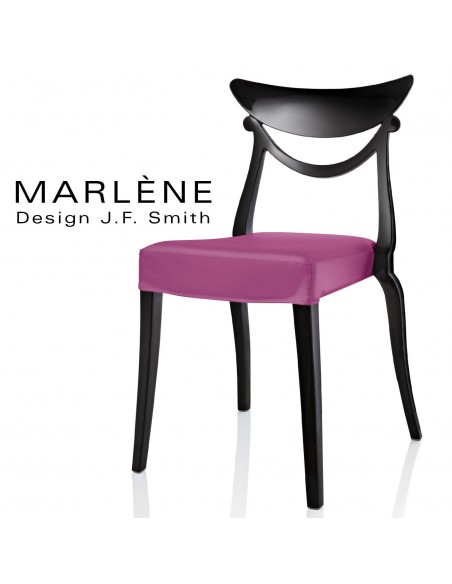 Chaise design MARLÈNE structure plastique opaque brillant couleur noir, assise habillage cuir synthétique rose.