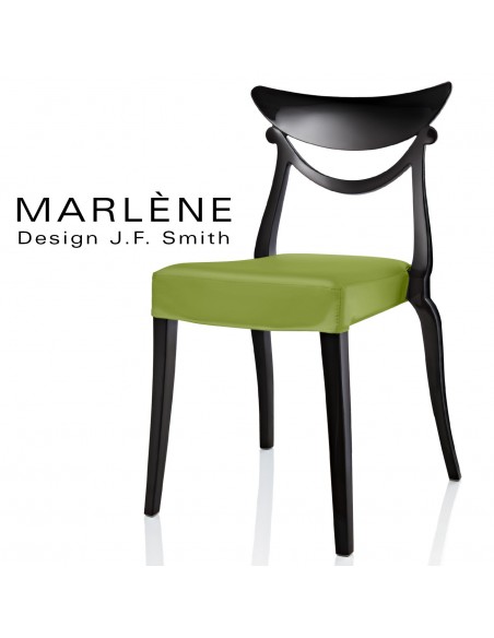 Chaise design MARLÈNE structure plastique opaque brillant couleur noir, assise habillage cuir synthétique vert.