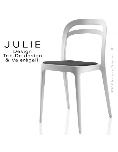 Chaise design JULIE, structure plastique couleur blanc avec coussin noir - Lot de 4 pièces.