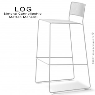 Tabouret LOG, structure en acier, assise et dossier en treillis métallique peint blanc.