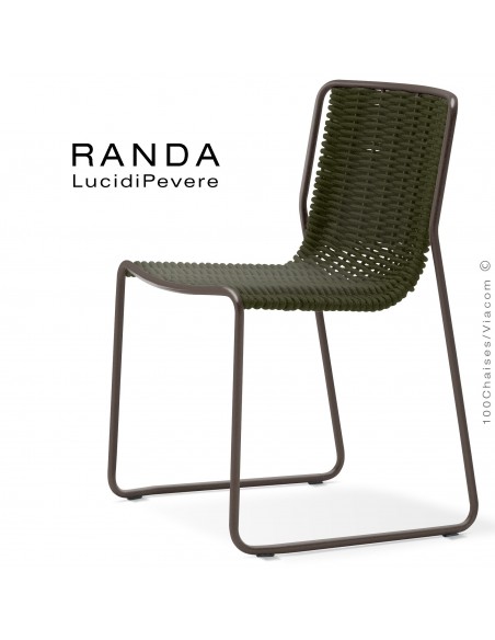 Chaise RANDA, structure acier peint marron, assise et dossier corde unie vert militaire 