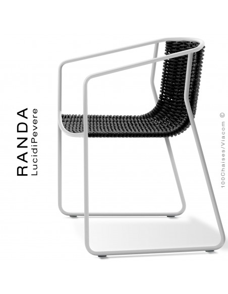 Fauteuil RANDA, structure acier peint blanc, assise et dossier tressage corde unie noir