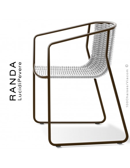 Fauteuil RANDA, structure acier peint marron, assise et dossier tressage corde unie blanc