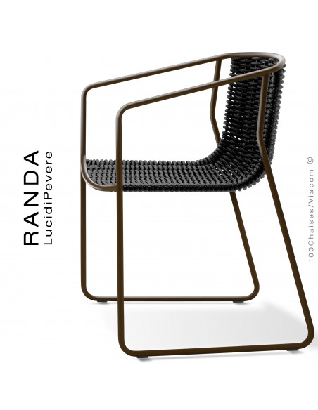 Fauteuil RANDA, structure acier peint marron, assise et dossier tressage corde unie noir