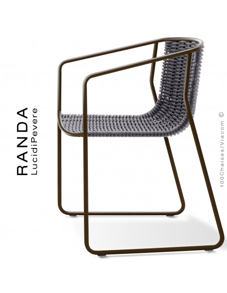 Fauteuil RANDA, structure acier peint marron, assise et dossier tressage corde unie argent