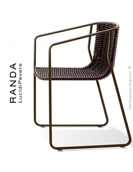 Fauteuil RANDA, structure acier peint marron, assise et dossier tressage corde unie marron
