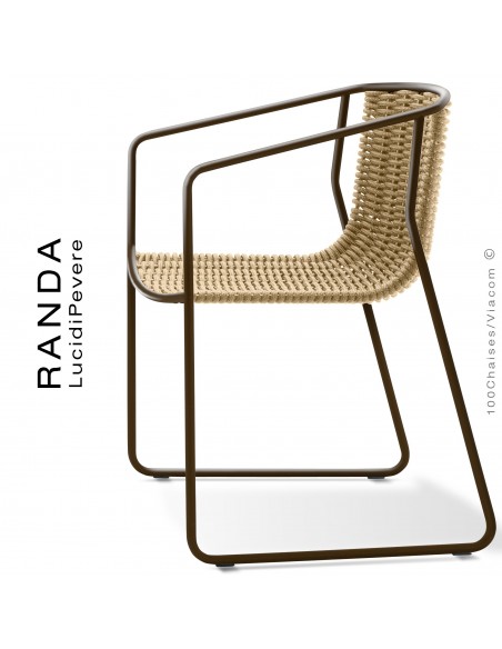 Fauteuil RANDA, structure acier peint marron, assise et dossier tressage corde unie beige