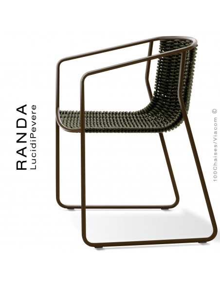 Fauteuil RANDA, structure acier peint marron, assise et dossier tressage corde unie vert militaire