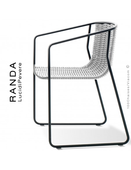 Fauteuil RANDA, structure acier peint noir, assise et dossier tressage corde unie blanc