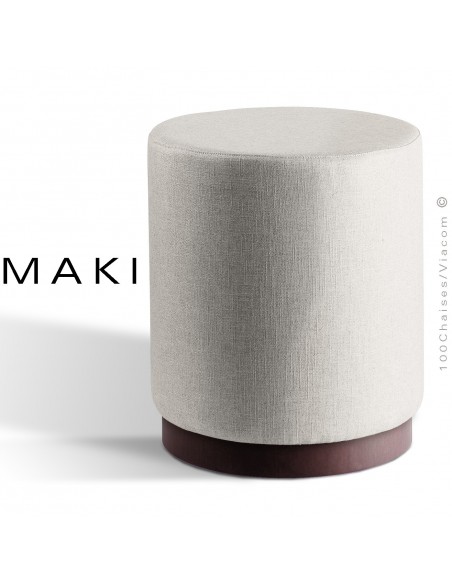 Pouf rond MAKI, socle bois de frêne vernis acajou, assise et côtés habillage tissu gamme Esedra blanc.