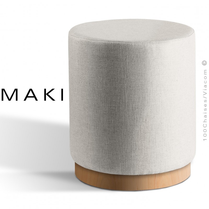 Pouf rond MAKI, socle bois de frêne vernis hêtre naturel, assise et côtés habillage tissu gamme Esedra couleur blanc.