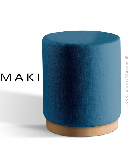 Pouf rond MAKI, socle bois de frêne vernis hêtre naturel, assise et côtés habillage tissu gamme Esedra couleur bleu industrie.
