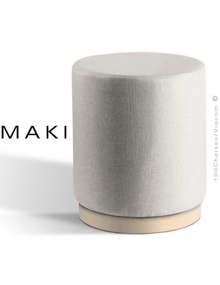Pouf rond MAKI, socle bois de frêne vernis hêtre blanchi, assise et côtés habillage tissu gamme Esedra blanc.