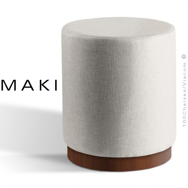 Pouf rond MAKI, socle bois de frêne vernis noyer, assise et côtés habillage tissu gamme Esedra blanc.