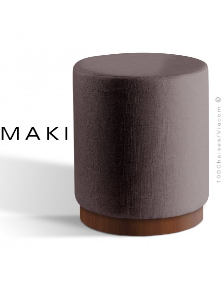 Pouf rond MAKI, socle bois de frêne vernis noyer, assise et côtés habillage tissu gamme Esedra moka.