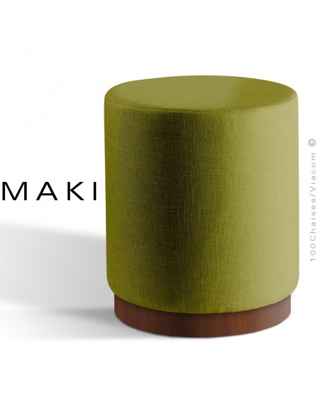 Pouf rond MAKI, socle bois de frêne vernis noyer, assise et côtés habillage tissu gamme Esedra vert kaki.
