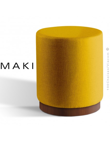 Pouf rond MAKI, socle bois de frêne vernis noyer, assise et côtés habillage tissu gamme Esedra jaune.