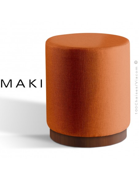 Pouf rond MAKI, socle bois de frêne vernis noyer, assise et côtés habillage tissu gamme Esedra orange-brique.