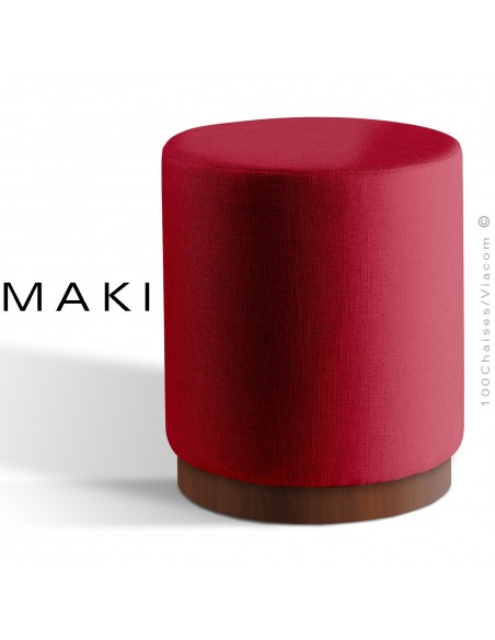 Pouf rond MAKI, socle bois de frêne vernis noyer, assise et côtés habillage tissu gamme Esedra rouge sombre.