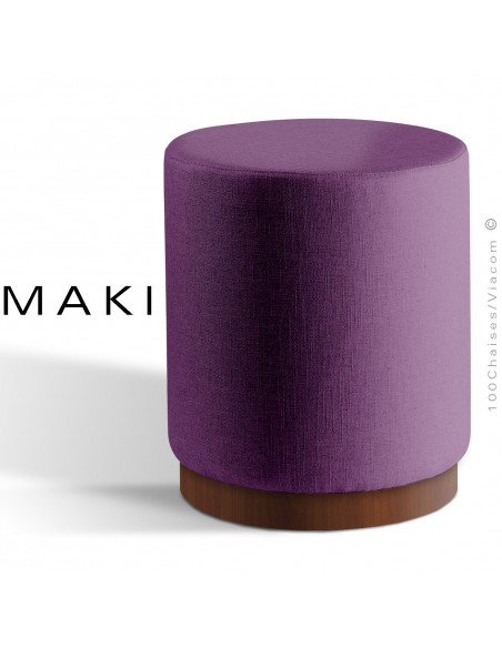 Pouf rond MAKI, socle bois de frêne vernis noyer, assise et côtés habillage tissu gamme Esedra violet.