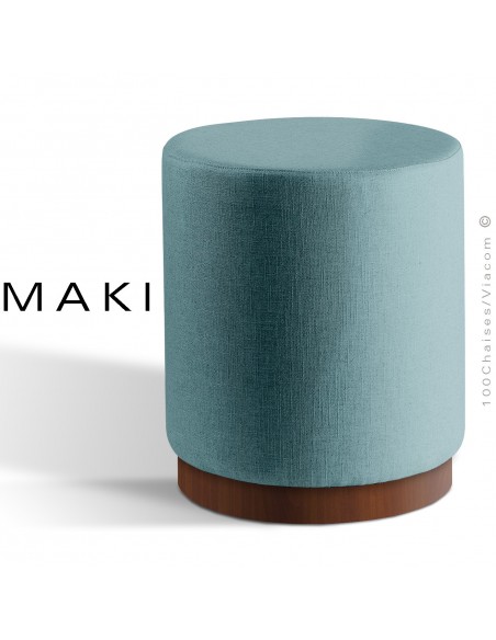 Pouf rond MAKI, socle bois de frêne vernis noyer, assise et côtés habillage tissu gamme Esedra bleu clair.