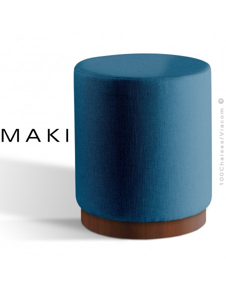 Pouf rond MAKI, socle bois de frêne vernis noyer, assise et côtés habillage tissu gamme Esedra bleu industrie.