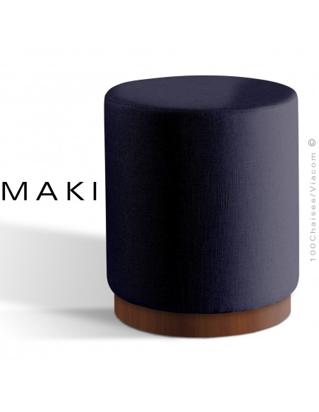 Pouf rond MAKI, socle bois de frêne vernis noyer, assise et côtés habillage tissu gamme Esedra bleu nuit.