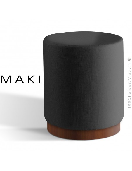 Pouf rond MAKI, socle bois de frêne vernis noyer, assise et côtés habillage tissu gamme Esedra noir.