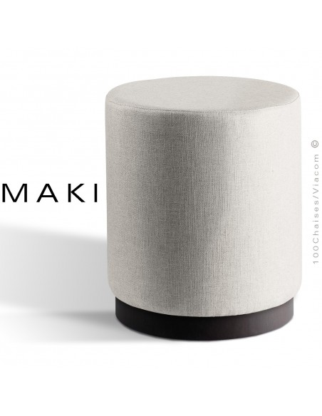 Pouf rond MAKI, socle bois de frêne vernis wengé, assise et côtés habillage tissu gamme Esedra blanc.