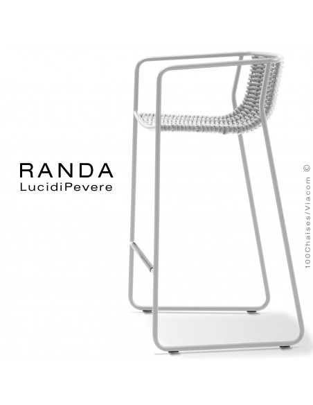 Tabouret RANDA, structure acier peint blanc, assise et dossier tressage corde unie blanc