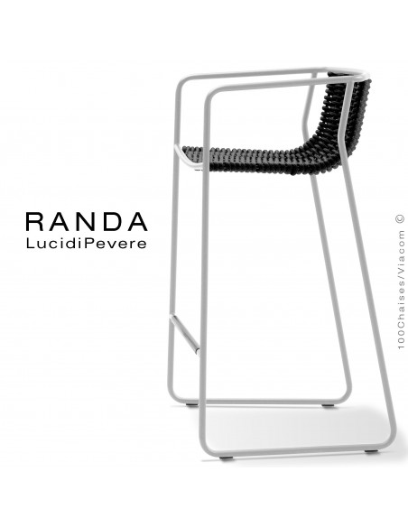 Tabouret RANDA, structure acier peint blanc, assise et dossier tressage corde unie noir