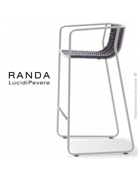 Tabouret RANDA, structure acier peint blanc, assise et dossier tressage corde unie argent