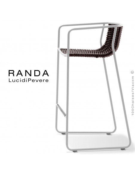 Tabouret RANDA, structure acier peint blanc, assise et dossier tressage corde unie marron