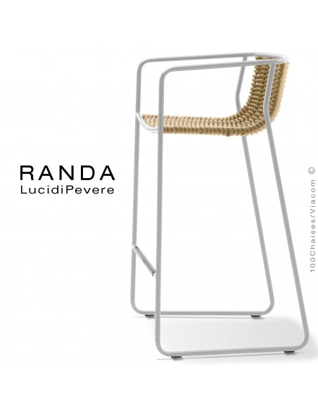 Tabouret RANDA, structure acier peint blanc, assise et dossier tressage corde unie beige