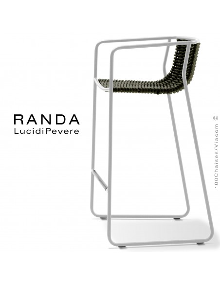 Tabouret RANDA, structure acier peint blanc, assise et dossier tressage corde unie vert militaire