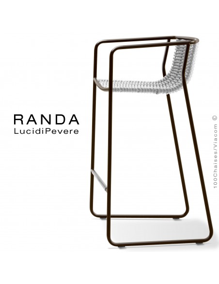 Tabouret RANDA, structure acier peint marron, assise et dossier tressage corde unie blanc
