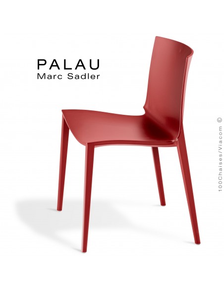 Chaise PALAU, structure plastique, 4 pieds monobloc couleur rouge corail.