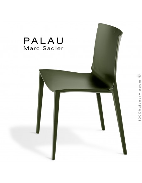 Chaise PALAU, structure plastique, 4 pieds monobloc couleur vert olive.