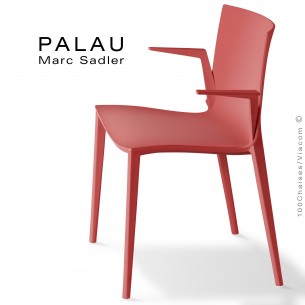 Fauteuil PALAU, structure plastique, 4 pieds monobloc couleur rouge corail.